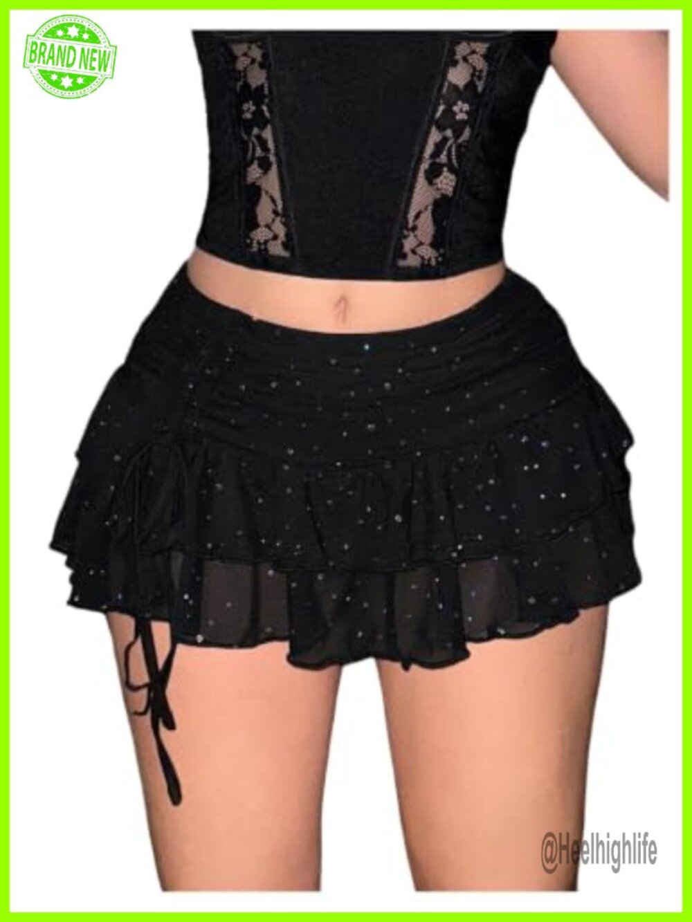 Sequin Sparkly Mesh Ruffle Layered Mini Skirt Ruched Bodycon Party Club